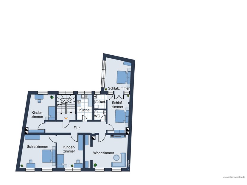 Grundrissskizze des 1. Obergeschosses - nicht maßstabsgetreu - Möblierung dient lediglich zur Veranschaulichung und ist nicht Bestandteil des Hauses