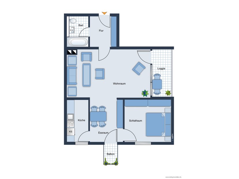 Grundrissskize der Wohnung - nicht maßstabsgetreu - Möblierung dient lediglich zur Veranschaulichung und ist nicht Bestandteil der Wohnung