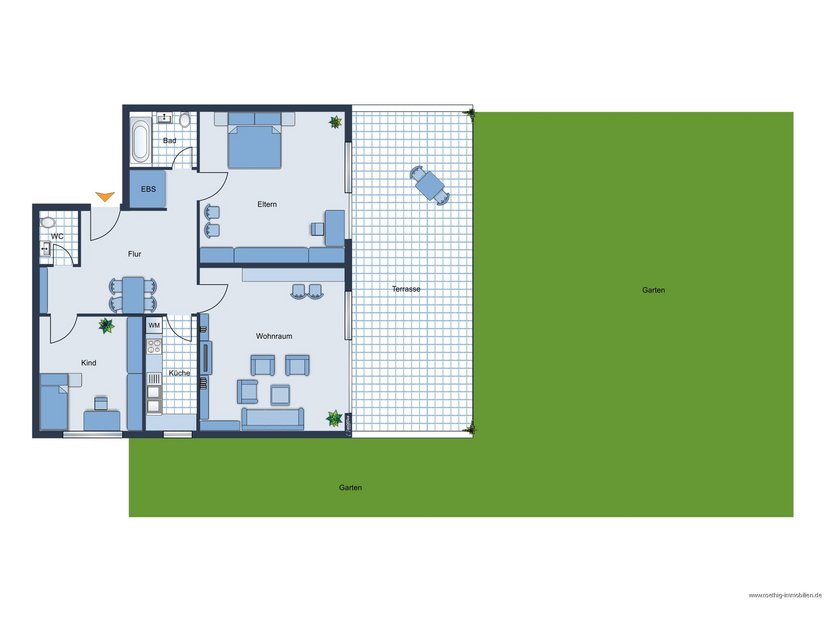 Grundrissskizze der Wohnung - nicht maßstabsgetreu - Möblierung dient lediglich zur Veranschaulichung und ist nicht Bestandteil der Wohnung