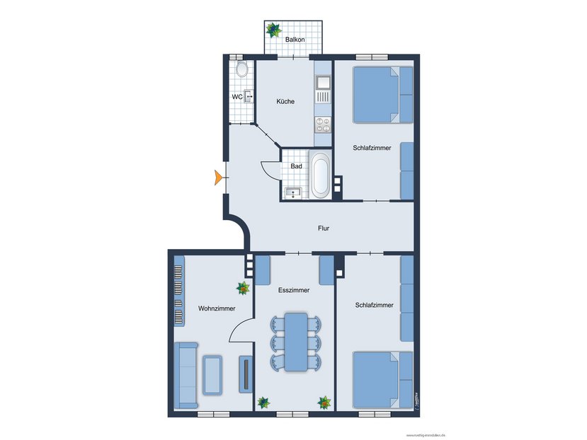 Grundrissskizze der Wohnung - nicht maßstabsgetreu - Möblierung dient lediglich zur Veranschaulichung und ist nicht Bestandteil der Wohnung
