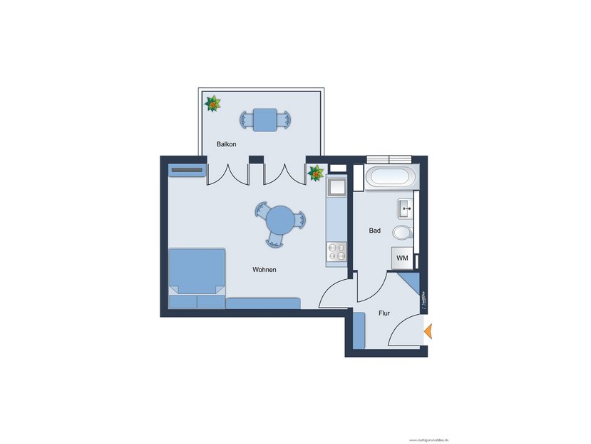 Grundrissskizze der Wohnung - nicht maßstabsgetreu - Möblierung dient lediglich zur Veranschaulichung und ist nicht Bestandteil der Wohnung
