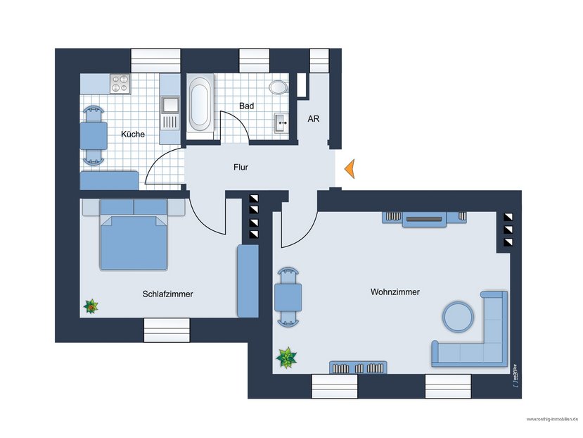 Grundrissskizze der Wohnung - nicht maßstabsgetreu - Möblierung dient lediglich zur Veranschaulichung und ist nicht unbedingt Bestandteil der Wohnung