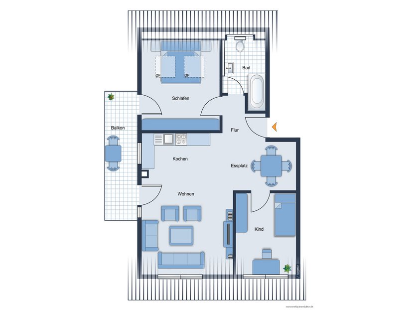Grundrisssvariante der Wohnung mit offenem Wohn-/Essbereich - nicht maßstabsgetreu - Möblierung dient lediglich zur Veranschaulichung und ist nicht Bestandteil der Wohnung