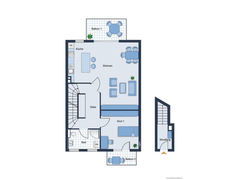 Grundrissskizze der Wohnung im Erdgeschoss & 1. Obergeschoss - nicht maßstabsgetreu - Möblierung dient lediglich zur Veranschaulichung und ist nicht Bestandteil der Wohnung