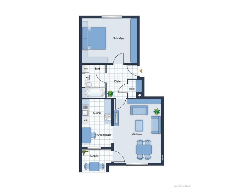 Grundrissskizze der Wohnung - nicht maßstabsgetreu - Möblierung dient lediglich zur Veranschaulichung und ist nicht Bestandteil der Wohnung