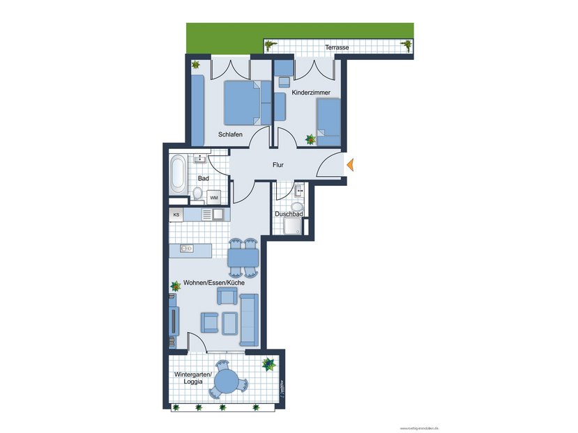 Grundrissskizze der Wohnung - nicht maßstabsgetreu - Möblierung dient lediglich zur Veranschaulichung und ist nicht unbedingt Bestandteil der Wohnung