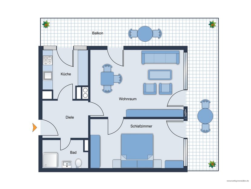 Grundrissskize der Wohnung - nicht maßstabsgetreu - Möblierung dient lediglich zur Veranschaulichung und ist nicht Bestandteil der Wohnung