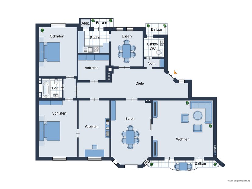 Grundrissskizze der Wohnung - nicht maßstabsgetreu - Möblierung dient lediglich zur Veranschaulichung und ist nicht unbedingt Bestandteil der Wohnung