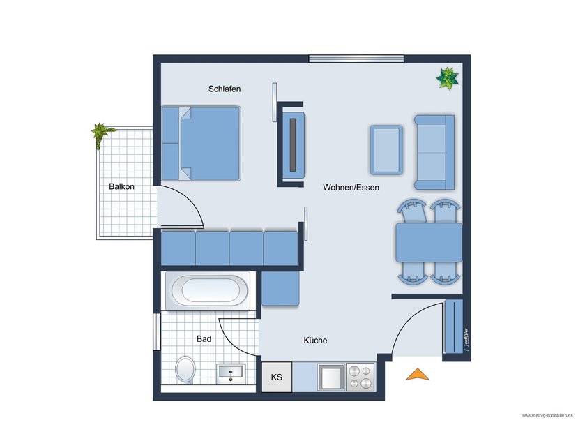 Grundrissskizze des Appartements - nicht maßstabsgetreu - Möblierung dient lediglich zur Veranschaulichung und ist nicht Bestandteil des Appartements