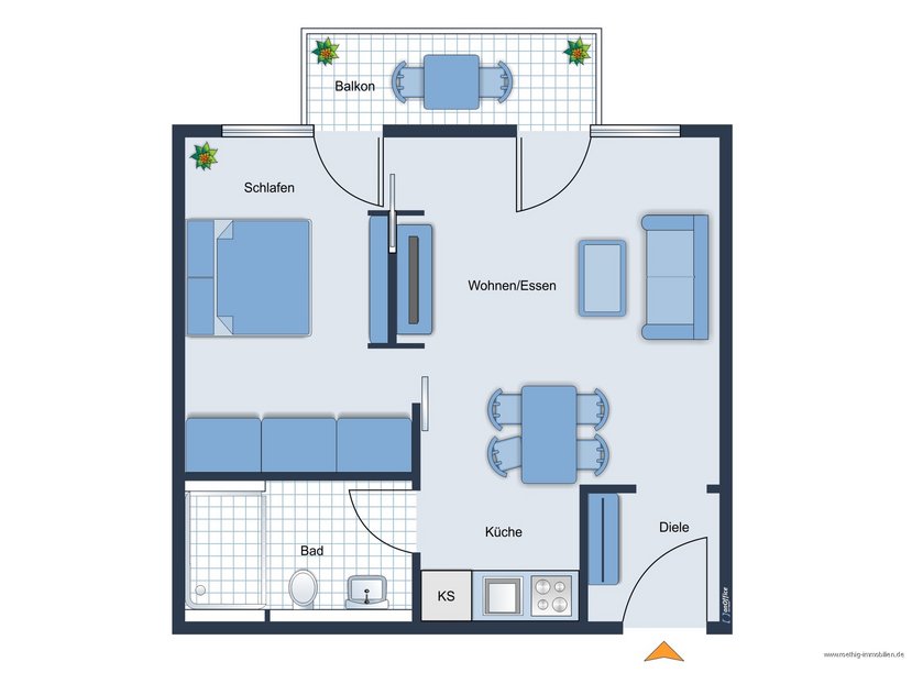 Grundrissskizze des Appartements - nicht maßstabsgetreu - Möblierung dient lediglich zur Veranschaulichung und ist nicht Bestandteil des Appartements