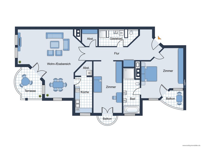 Grundrissskize der Wohnung - nicht maßstabsgetreu - Möblierung dient lediglich zur Veranschaulichung und ist nicht Bestandteil der Wohnung