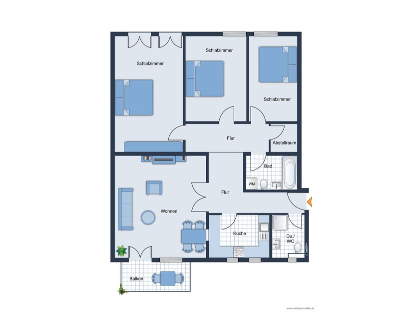 Grundrissskizze der Wohnung - nicht maßstabsgetreu - Möblierung dient lediglich der Veranschaulichung und ist teilweise nicht Bestandteil der Immobilie