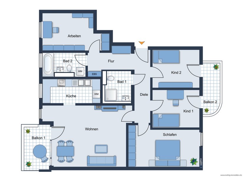 Grundrissskizze der Wohnung - nicht maßstabsgetreu - Möblierung dient lediglich zur Veranschaulichung und ist nicht Bestandteil der Wohnung