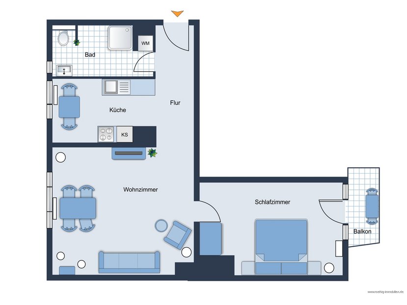 Grundrissskize der Wohnung - nicht maßstabsgetreu - Möblierung dient lediglich zur Veranschaulichung und ist nicht Bestandteil der Wohnung