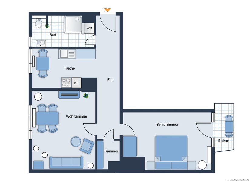 Alternativer Grundrissvorschlag für die Wohnung mit zwei separaten Zimmern und Abstellkammer - nicht maßstabsgetreu - Möblierung dient lediglich zur Veranschaulichung und ist nicht Bestandteil der Wohnung