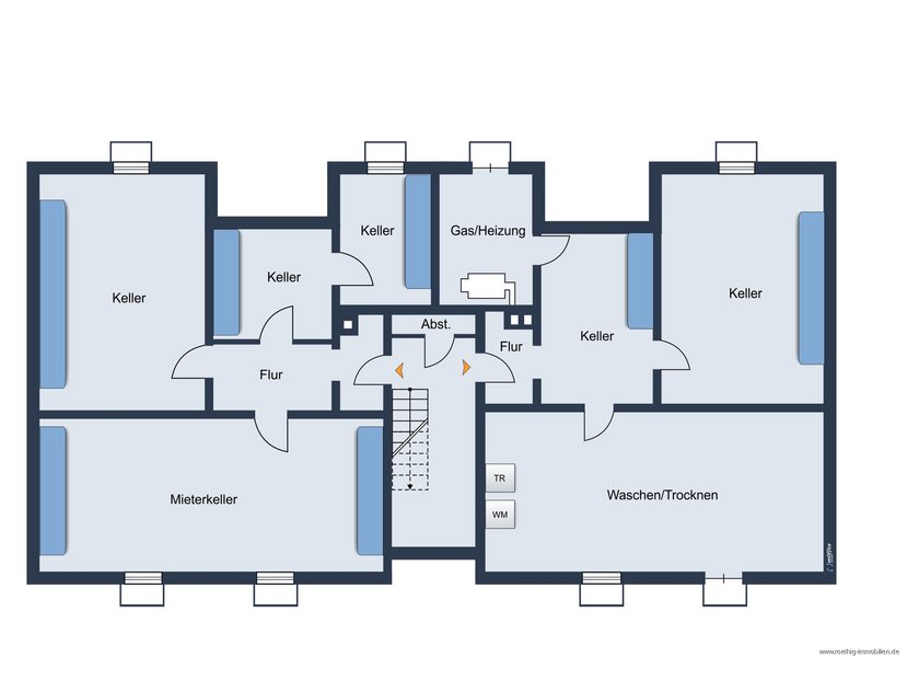 Grundrissskizze vom Kellergeschoss des Hauses - nicht maßstabsgetreu - Möblierung dient lediglich zur Veranschaulichung und ist nicht Bestandteil des Hauses