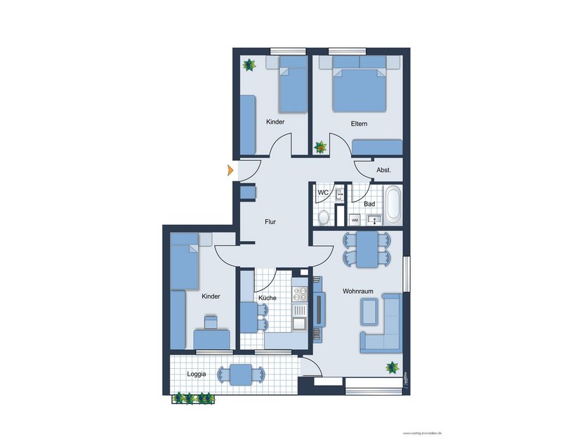 Grundrissskize der Wohnung - nicht maßstabsgetreu - Möblierung dient lediglich zur Veranschaulichung und ist nicht Bestandteil der Wohnung