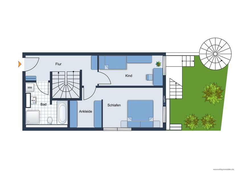 Grundrissskizze der Wohnung - Gartengeschoss - nicht maßstabsgetreu - Möblierung dient lediglich zur Veranschaulichung und ist nicht Bestandteil der Wohnung