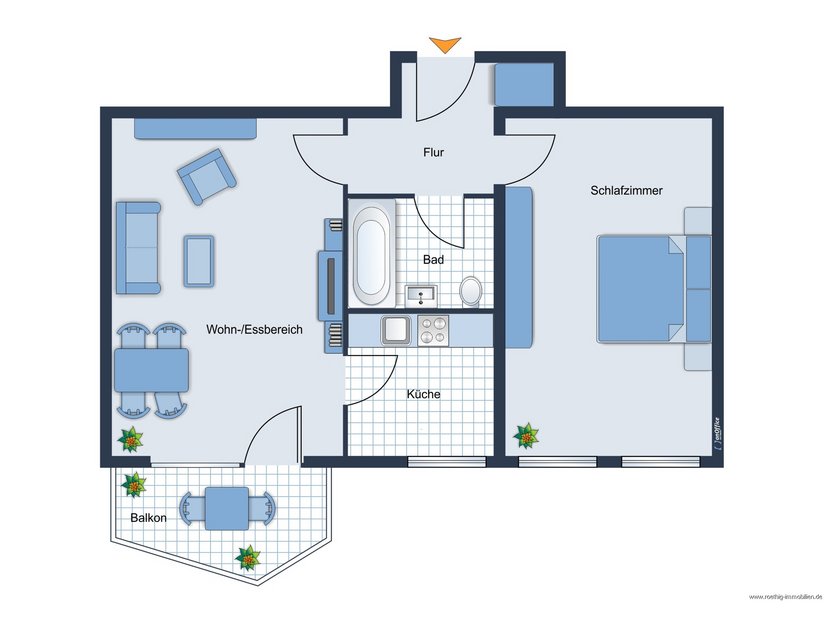 Grundrissvorschlag der Wohnung - nicht maßstabsgetreu - Möblierung dient lediglich der Veranschaulichung und ist teilweise nicht Bestandteil der Immobilie.