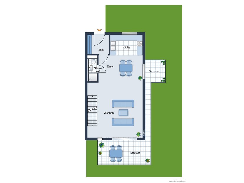 Erdgeschoss -  Grundrissskizze der Maisonettewohnung - nicht maßstabsgetreu - Möblierung dient lediglich zur Veranschaulichung und ist nicht Bestandteil der Wohnung