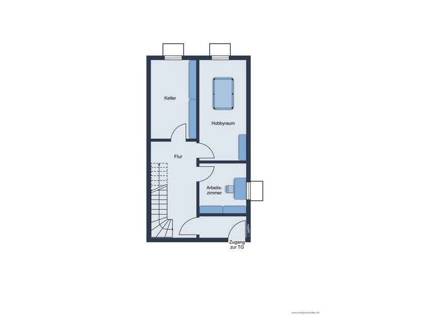 Souterrain - Grundrissskizze der Maisonettewohnung - nicht maßstabsgetreu - Möblierung dient lediglich zur Veranschaulichung und ist nicht Bestandteil der Wohnung
