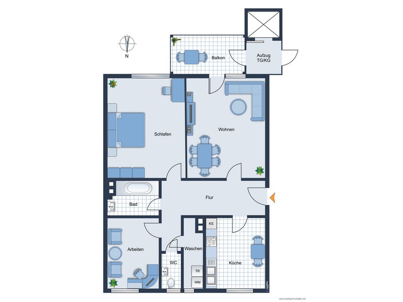 Grundrissskizze der Wohnung - nicht maßstabsgetreu - Möblierung dient lediglich zur Veranschaulichung und ist nicht Bestandteil der Wohnung