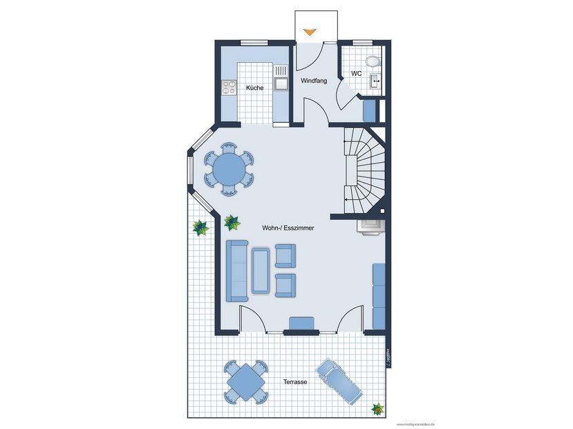 Grundrissskizze Erdgeschoss - nicht maßstabsgetreu - Möblierung dient lediglich zur Veranschaulichung und ist nicht Bestandteil des Hauses