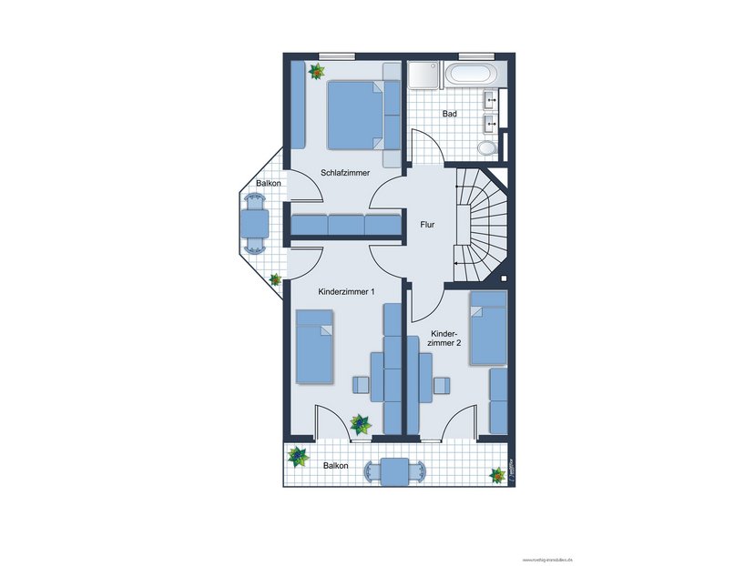 Grundrissskizze Obergeschoss - nicht maßstabsgetreu - Möblierung dient lediglich zur Veranschaulichung und ist nicht Bestandteil des Hauses