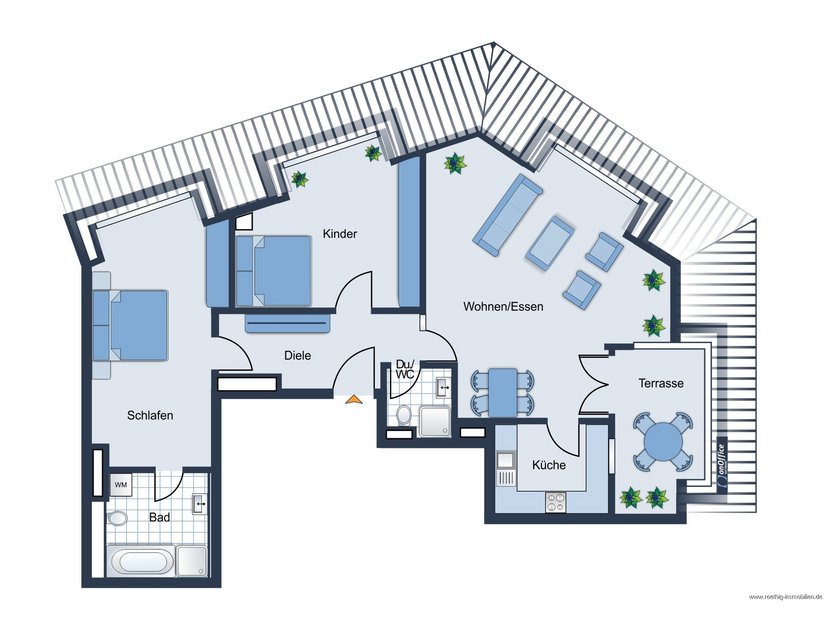 Grundrissskizze der Wohnung - nicht maßstabsgetreu - Möblierung dient lediglich der Veranschaulichung und ist teilweise nicht Bestandteil der Immobilie