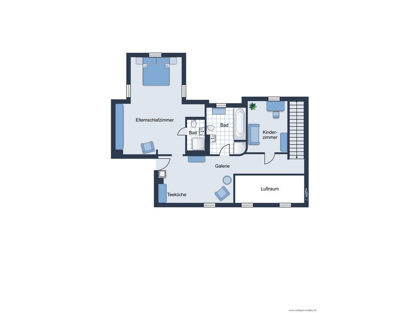 Grundrissvariante - maximale Schlafzimmer- 6. Obergeschoss - nicht maßstabsgetreu - Möblierung dient lediglich zur Veranschaulichung und ist nicht Bestandteil der Wohnung.