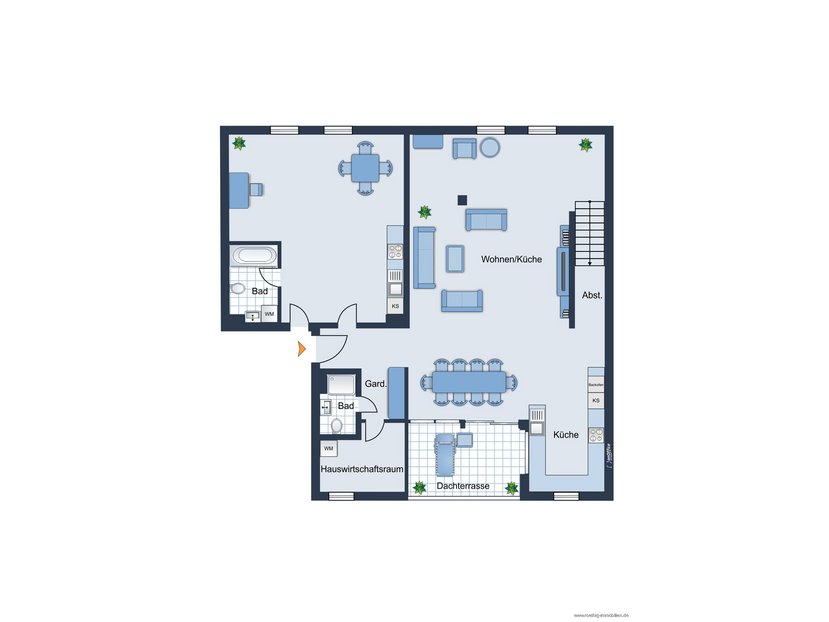Grundrissskizze 5. Obergeschoss - nicht maßstabsgetreu - Möblierung dient lediglich zur Veranschaulichung und ist nicht Bestandteil der Wohnung.