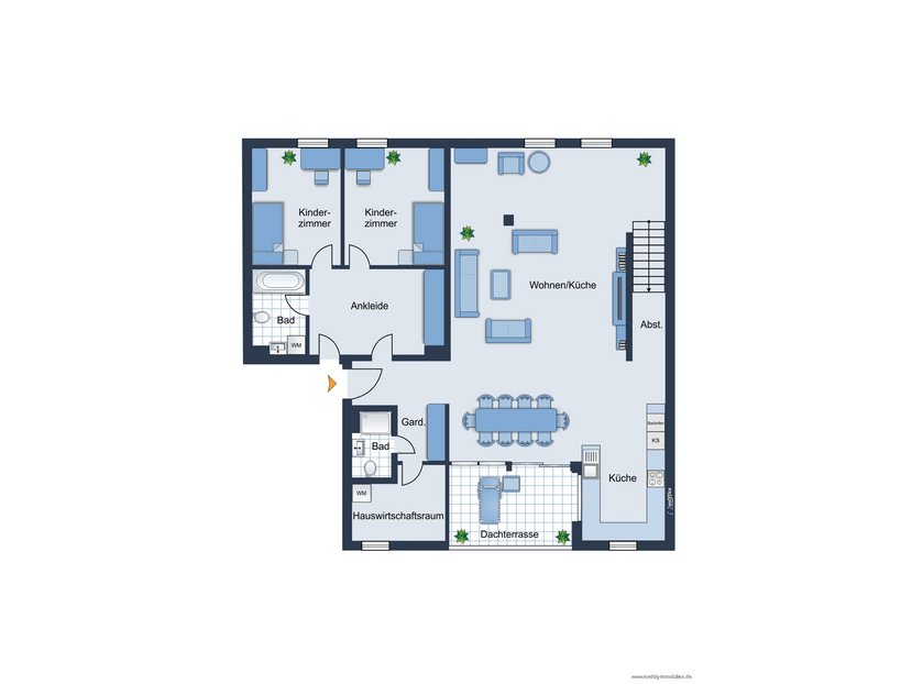 Grundrissvariante - maximale Schlafzimmer- 5. Obergeschoss - nicht maßstabsgetreu - Möblierung dient lediglich zur Veranschaulichung und ist nicht Bestandteil der Wohnung.