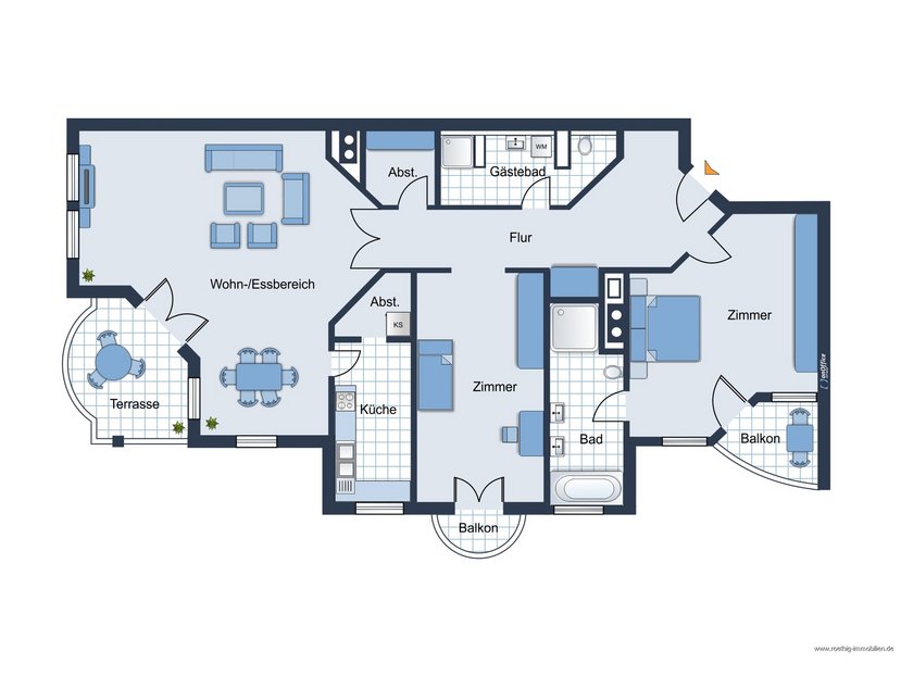 Grundrissskize der Wohnung - nicht maßstabsgetreu - Möblierung dient lediglich zur Veranschaulichung und ist nicht Bestandteil der Wohnung