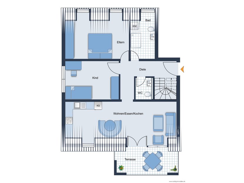 Grundrissskizze der Wohnung - nicht maßstabsgetreu - Möblierung dient lediglich der Veranschaulichung und ist teilweise nicht Bestandteil der Immobilie