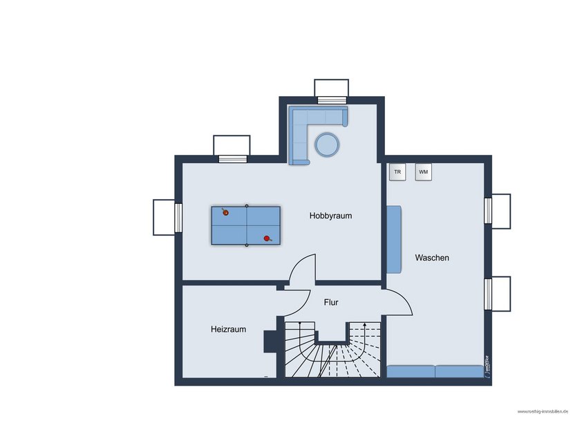 Untergeschoss - Grundrissskizze des Hauses - nicht maßstabsgetreu - Möblierung dient lediglich zur Veranschaulichung und ist nicht Bestandteil des Hauses