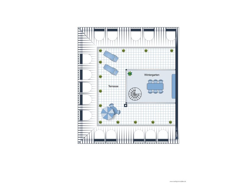 Dachterrasse - Grundrissskizze des Hauses - nicht maßstabsgetreu - Möblierung dient lediglich zur Veranschaulichung und ist nicht Bestandteil der Wohnung