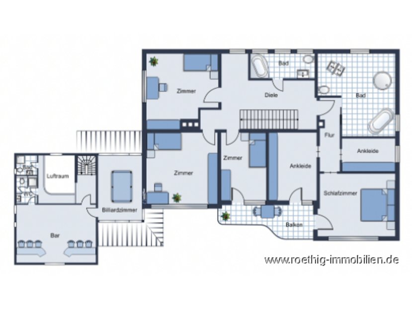 Grundrissskizze vom 1. Obergeschoss des Hauses - nicht maßstabsgetreu - Möblierung dient lediglich zur Veranschaulichung und ist nicht Bestandteil des Hauses