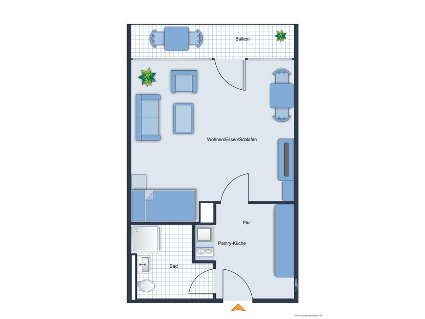Grundrissskizze des Appartements - nicht maßstabsgetreu - Möblierung dient lediglich zur Veranschaulichung und ist nicht unbedingt Bestandteil des Appartements