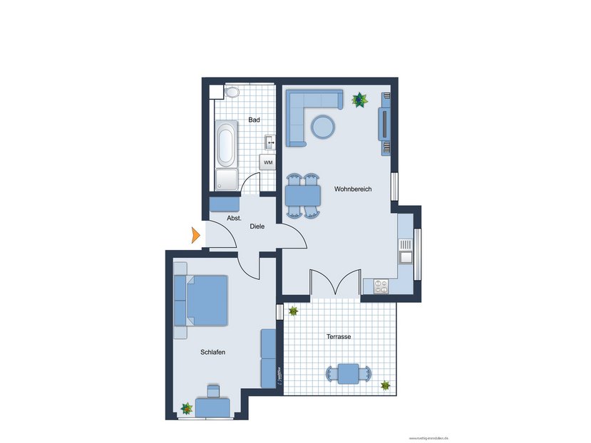 Grundrissskizze der Wohnung - nicht maßstabsgetreu - Möbilierung dient lediglich zur Veranschaulichung und ist nicht Bestandteil der Wohnung