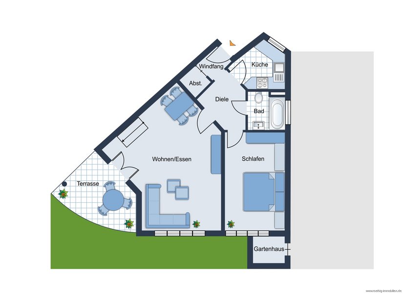 Grundrissskize des Erdgeschosses der Wohnung - nicht maßstabsgetreu - Möblierung dient lediglich zur Veranschaulichung und ist nicht Bestandteil der Wohnung