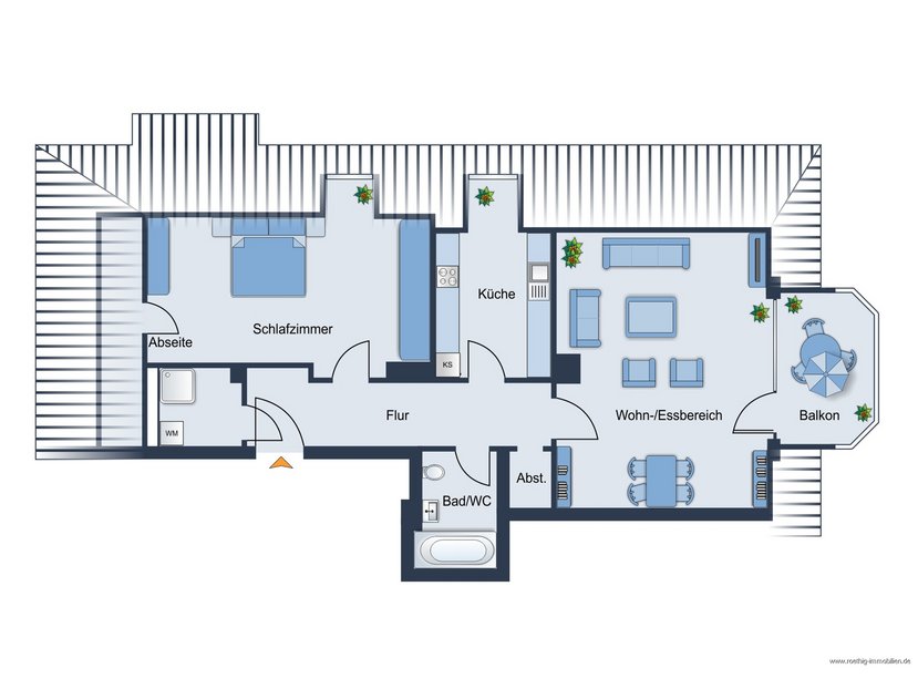 Grundrissskizze - nicht maßstabsgetreu - Möblierung dient lediglich zur Veranschaulichung und ist nicht unbedingt Bestandteil der Wohnung