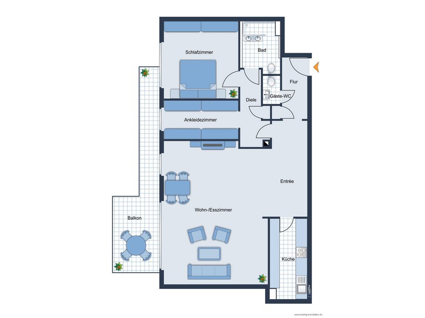 Grundrissskizze der Wohnung - nicht maßstabsgetreu - Möblierung dient lediglich zur Veranschaulichung und ist nicht unbedingt Bestandteil der Wohnung