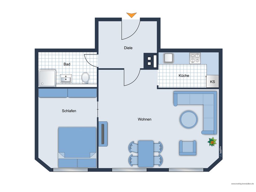 Grundrissskizze der Wohnung - nicht maßstabsgetreu - Möblierung dient lediglich zur Veranschaulichung und ist nicht unbedingt Bestandteil der Wohnung