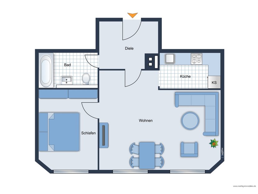 Grundrissskizze der Wohnung - nicht maßstabsgetreu - Möblierung dient lediglich zur Veranschaulichung und ist nicht unbedingt Bestandteil der Wohnung