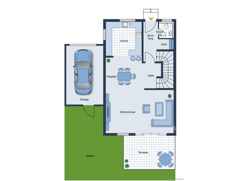 Grundrissskizze des Erdgeschosses - nicht maßstabsgetreu - Möblierung dient lediglich zur Veranschaulichung und ist nicht Bestandteil des Hauses