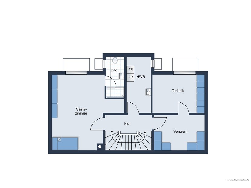 Grundrissskizze vom Untergeschoss des Hauses - nicht maßstabsgetreu - Möblierung dient lediglich zur Veranschaulichung und ist nicht Bestandteil des Hauses