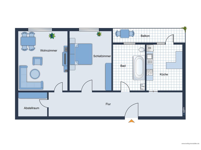 Grundrissskize der Wohnung - nicht maßstabsgetreu - Möblierung dient lediglich zur Veranschaulichung und ist nicht Bestandteil der Wohnung