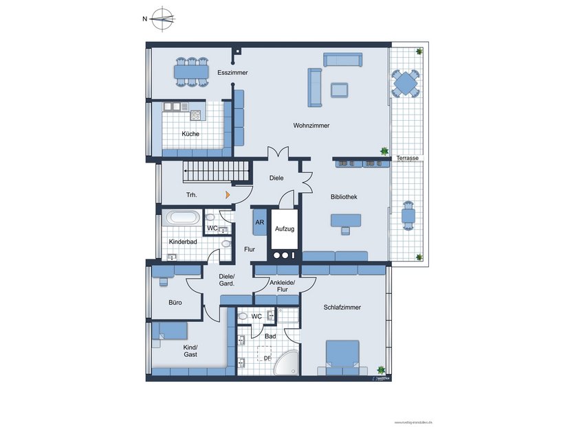 Grundrissskizze der Penthouse-Wohnung - nicht maßstabsgetreu - Möblierung dient lediglich zur Veranschaulichung und ist nicht Bestandteil der Penthouse-Wohnung