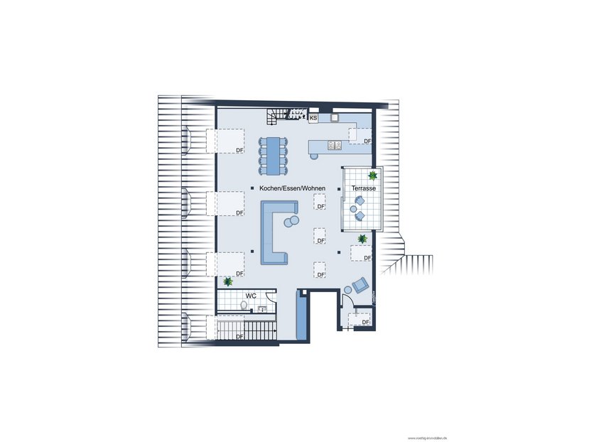 Grundrissskizze 5. Obergeschoss - nicht maßstabsgetreu - Möblierung dient lediglich zur Veranschulichung und ist nicht Bestandteil der Wohnung.