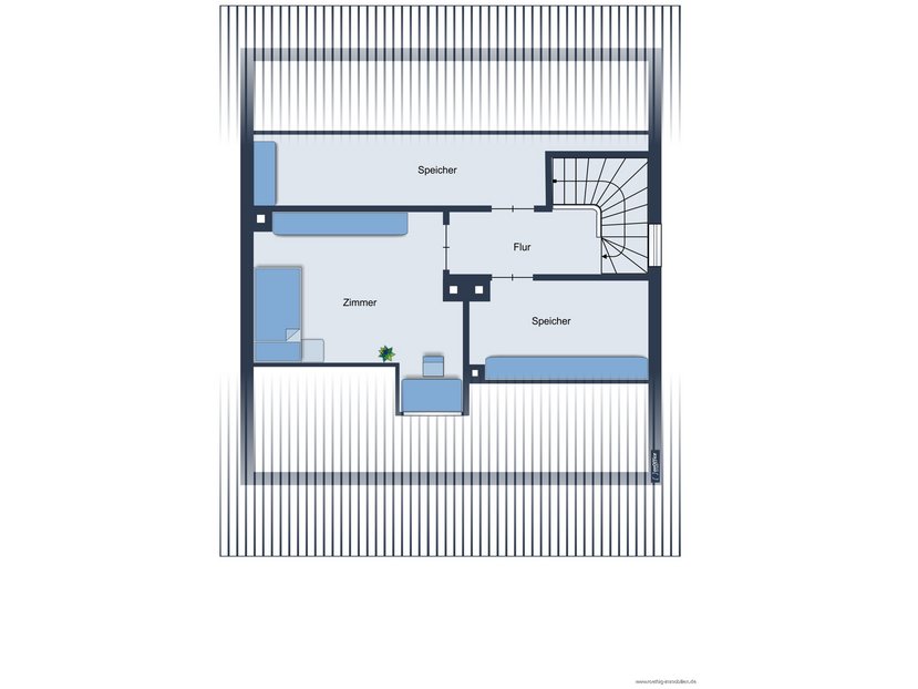 Grundrissskizze des Dachgeschosses - nicht maßstabsgetreu - Möblierung dient lediglich zur Veranschaulichung und ist nicht Bestandteil des Hauses